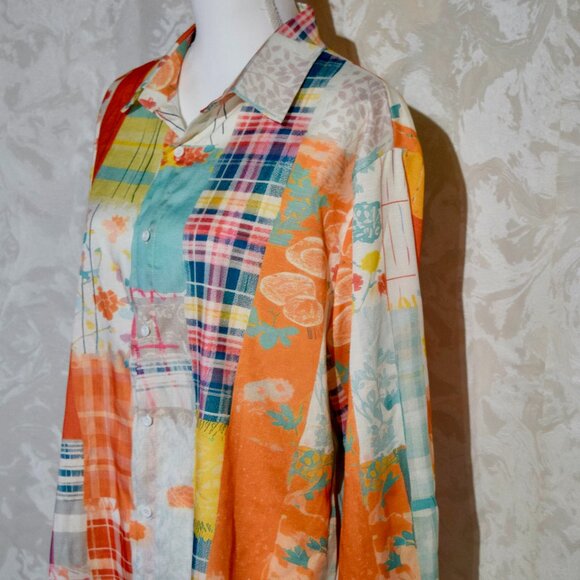 Artisan Multi-Color Patchwork Plaid Floral Button-Up Shirt Blouse L - Picture 3 of 5